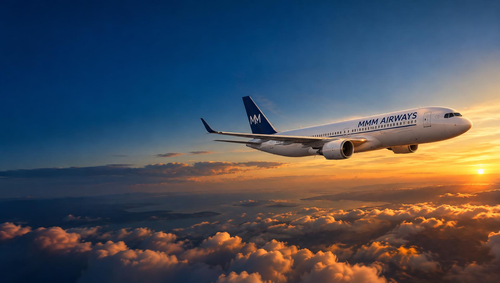 MMM Airways aircraft flying above sunset clouds